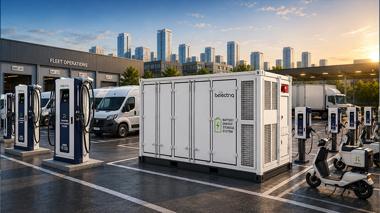 A commercial EV fleet charging depot utilizing solar panels and a belectriq BESS container system to charge electric buses and vans, with a smart city skyline in the background.