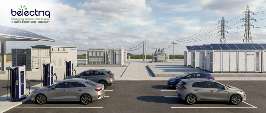 A modern EV charging station connected to a Battery Energy Storage System (BESS), demonstrating how stored energy supports fast electric vehicle charging, reduces grid dependency, lowers operational costs, and enables efficient integration of renewable energy sources such as solar power. The image represents the future of sustainable and reliable EV charging infrastructure.