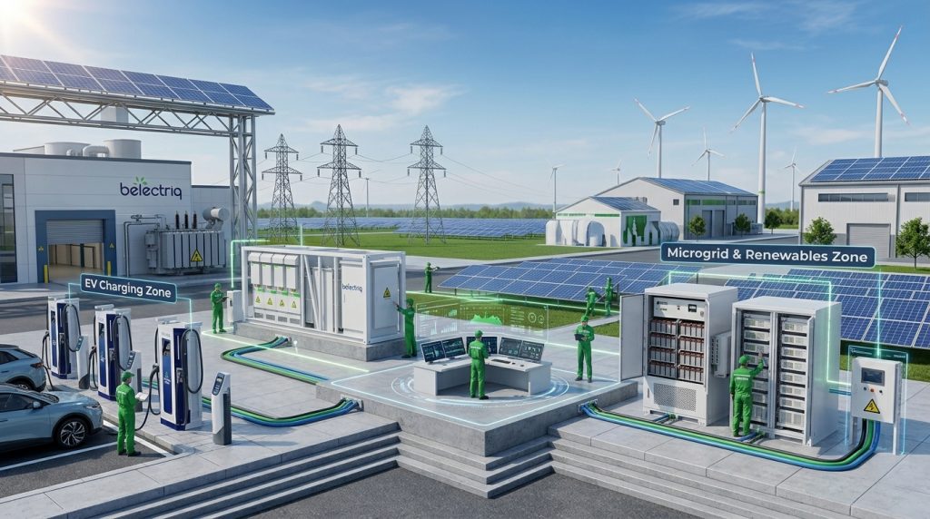 Belectriq BESS battery storage system integrated with high-power EV charging station and renewable solar wind microgrid.
